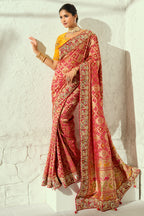 Soft Peach Coral Pure Georgette Bandhej Saree with Heavy Handwork Border