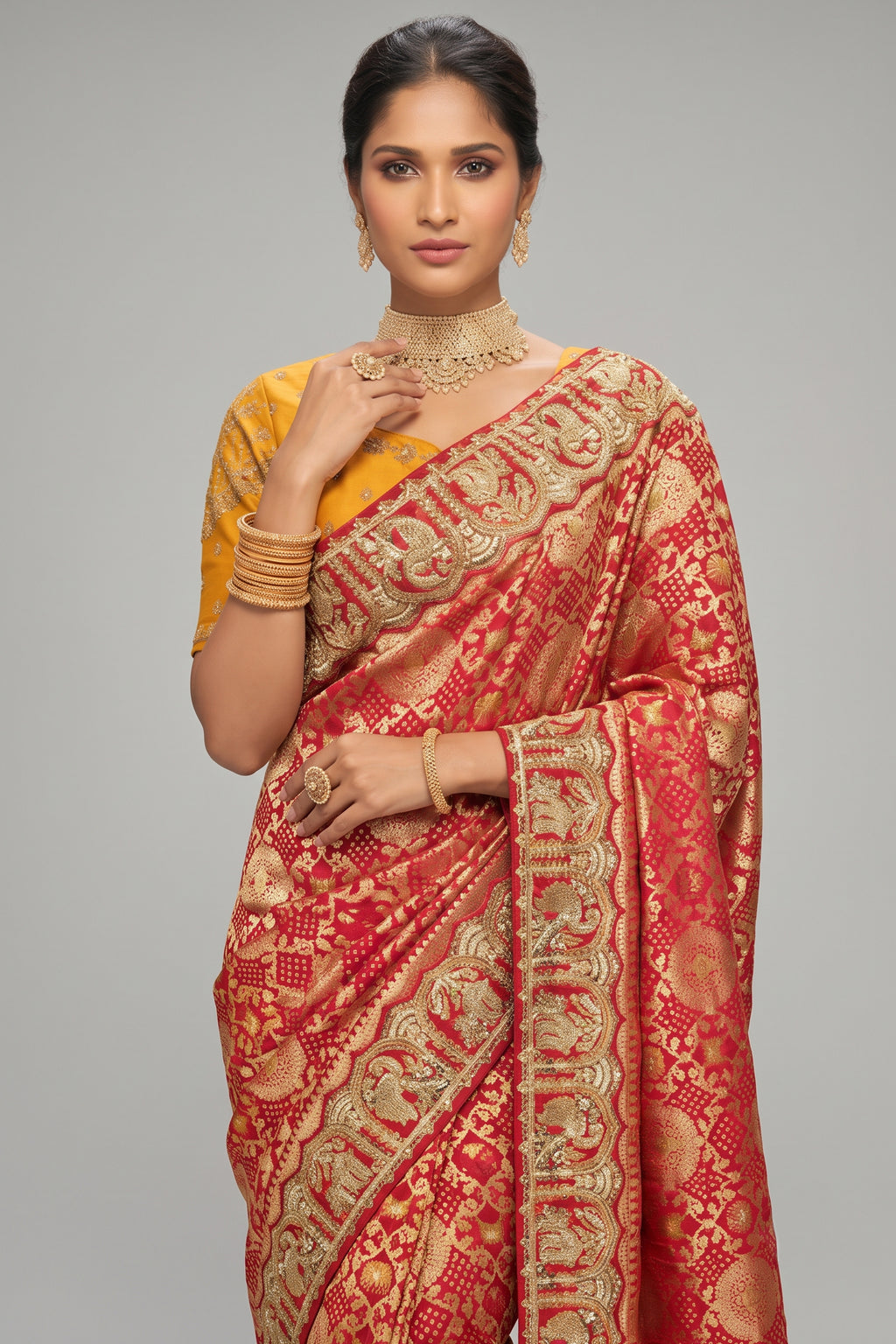 Soft Peach Coral Pure Georgette Bandhej Saree with Heavy Handwork Border