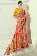Soft Peach Coral Pure Georgette Bandhej Saree with Heavy Handwork Border