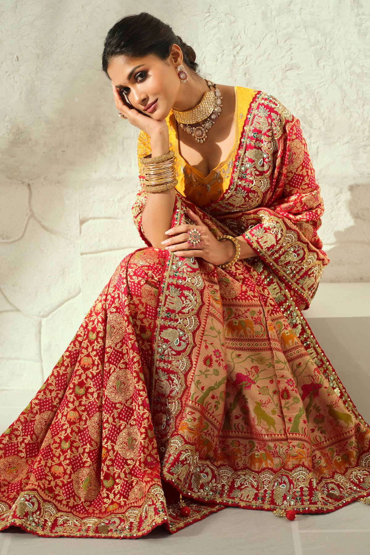 Soft Peach Coral Pure Georgette Bandhej Saree with Heavy Handwork Border