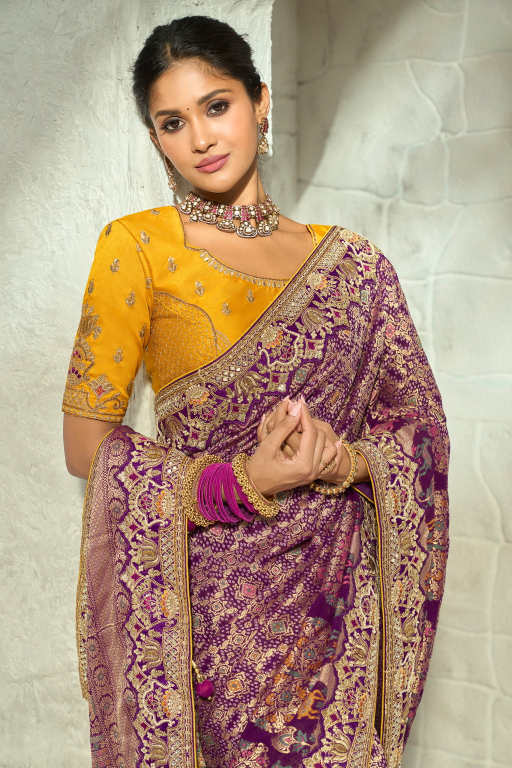 Lavender Mauve Pure Georgette Bandhej Saree with Original Mirror & Moti Work Border