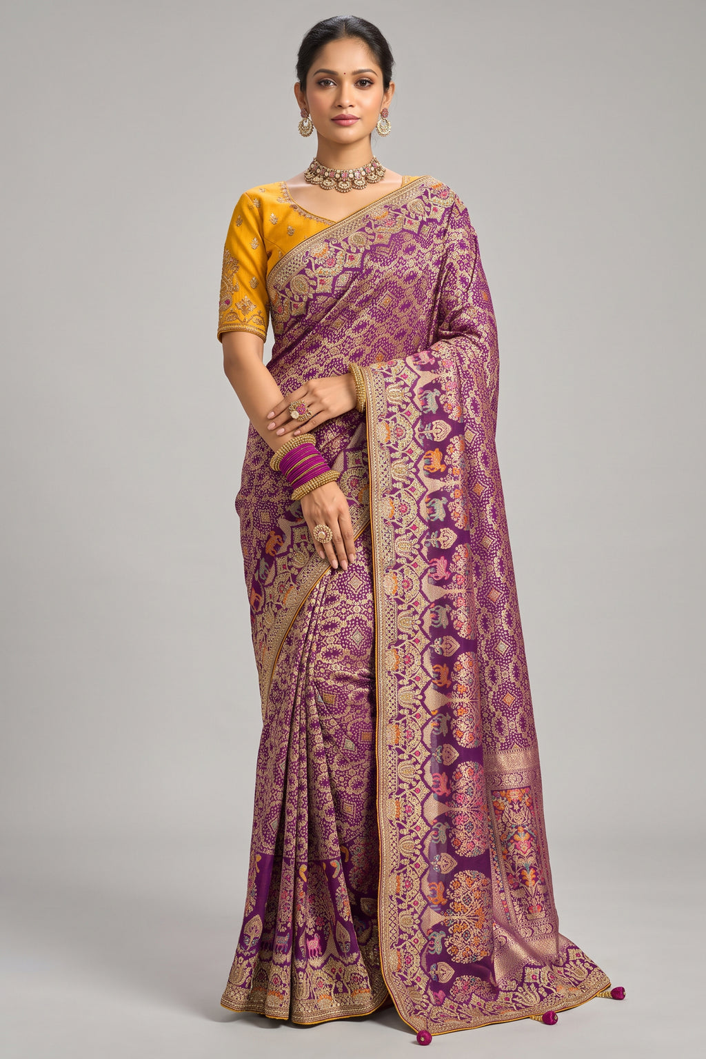 Lavender Mauve Pure Georgette Bandhej Saree with Original Mirror & Moti Work Border