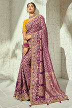 Lavender Mauve Pure Georgette Bandhej Saree with Original Mirror & Moti Work Border