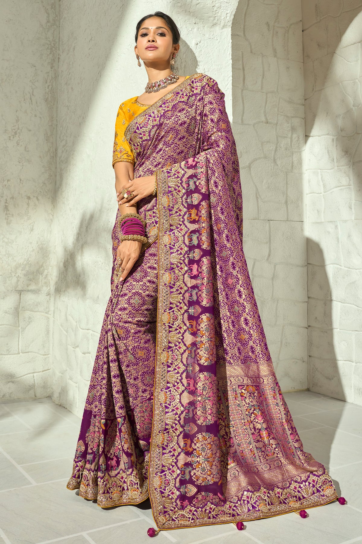 Lavender Mauve Pure Georgette Bandhej Saree with Original Mirror & Moti Work Border