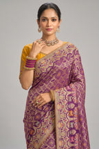 Lavender Mauve Pure Georgette Bandhej Saree with Original Mirror & Moti Work Border