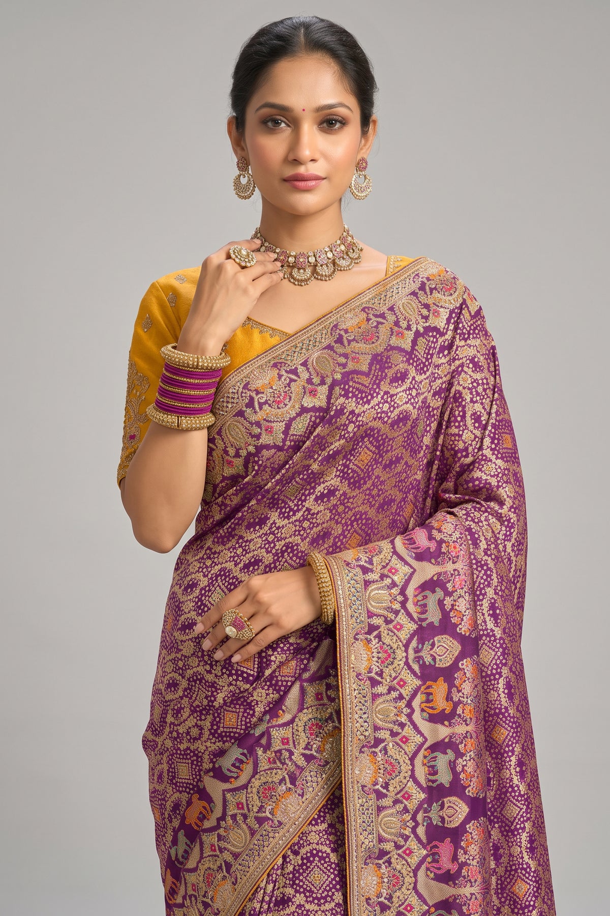 Lavender Mauve Pure Georgette Bandhej Saree with Original Mirror & Moti Work Border