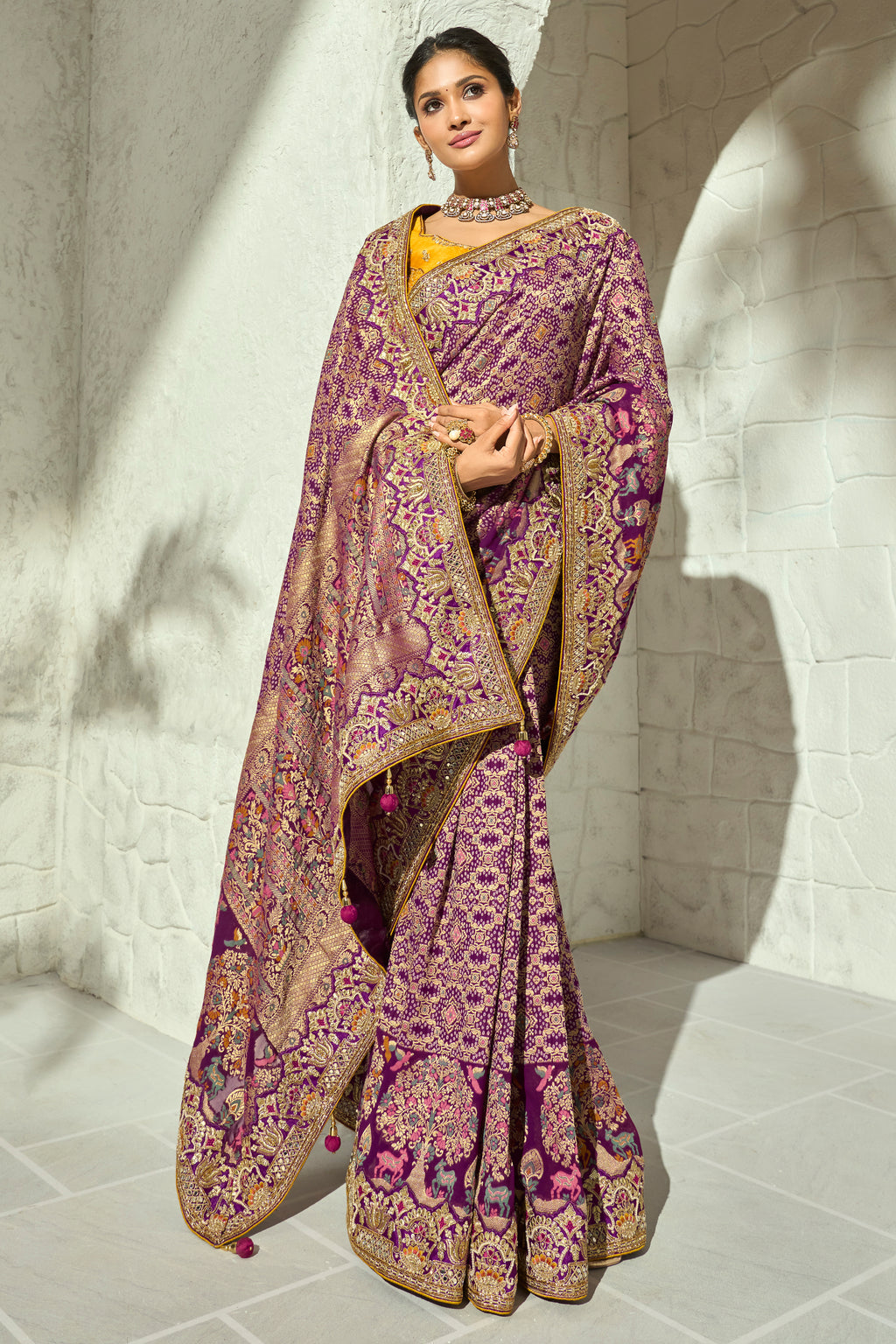 Lavender Mauve Pure Georgette Bandhej Saree with Original Mirror & Moti Work Border