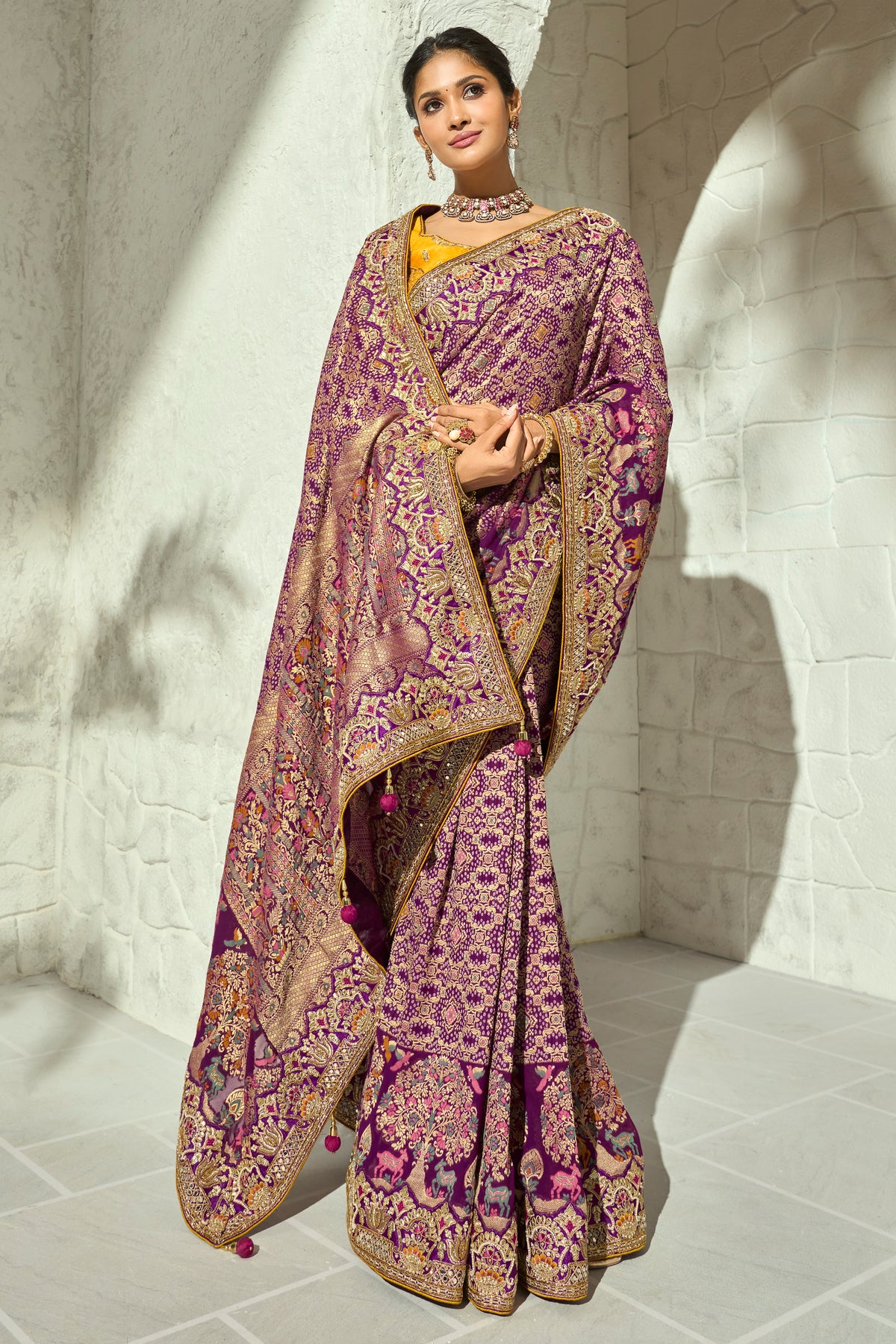 Lavender Mauve Pure Georgette Bandhej Saree with Original Mirror & Moti Work Border