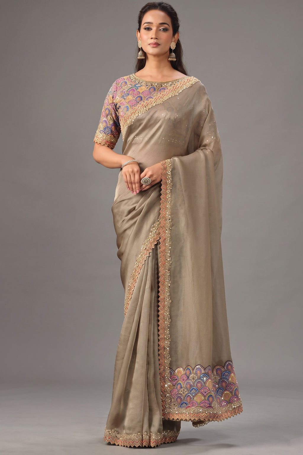 Beige Jute Tissue Silk Saree with Embroidery and Mirror