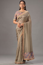 Beige Jute Tissue Silk Saree with Embroidery and Mirror