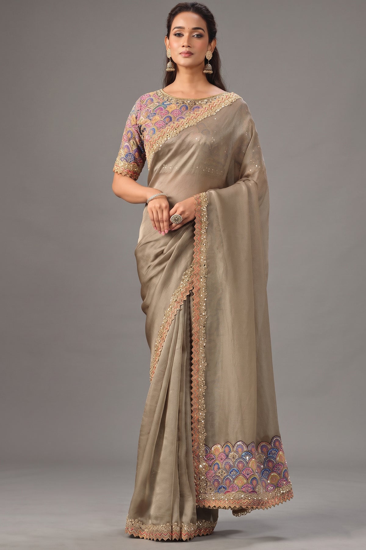 Beige Jute Tissue Silk Saree with Embroidery and Mirror