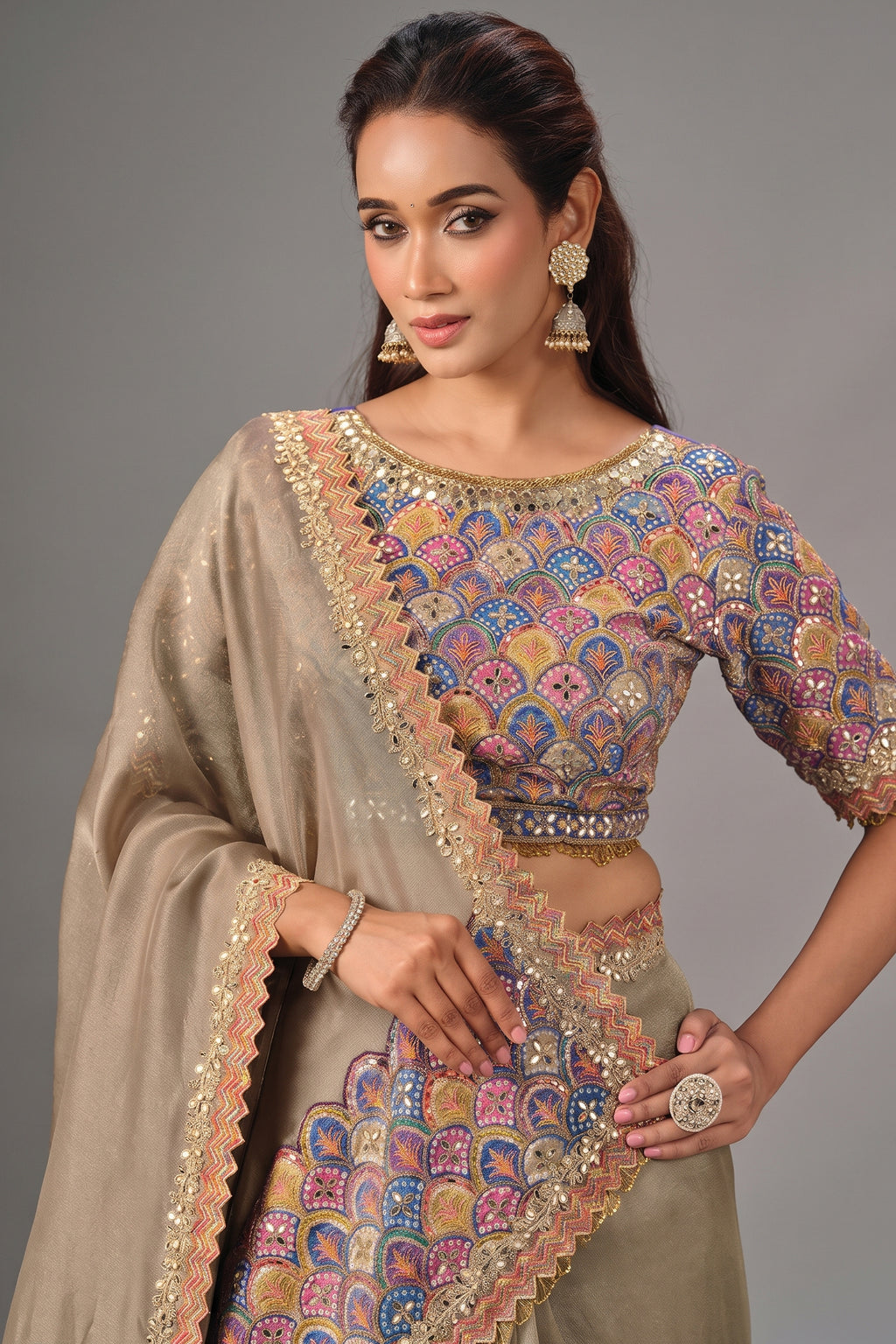 Beige Jute Tissue Silk Saree with Embroidery and Mirror