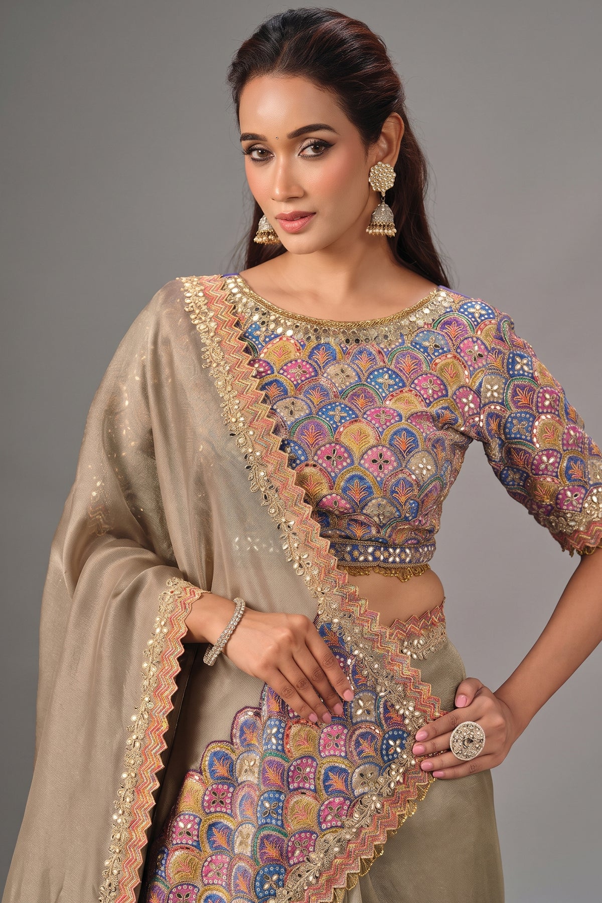 Beige Jute Tissue Silk Saree with Embroidery and Mirror