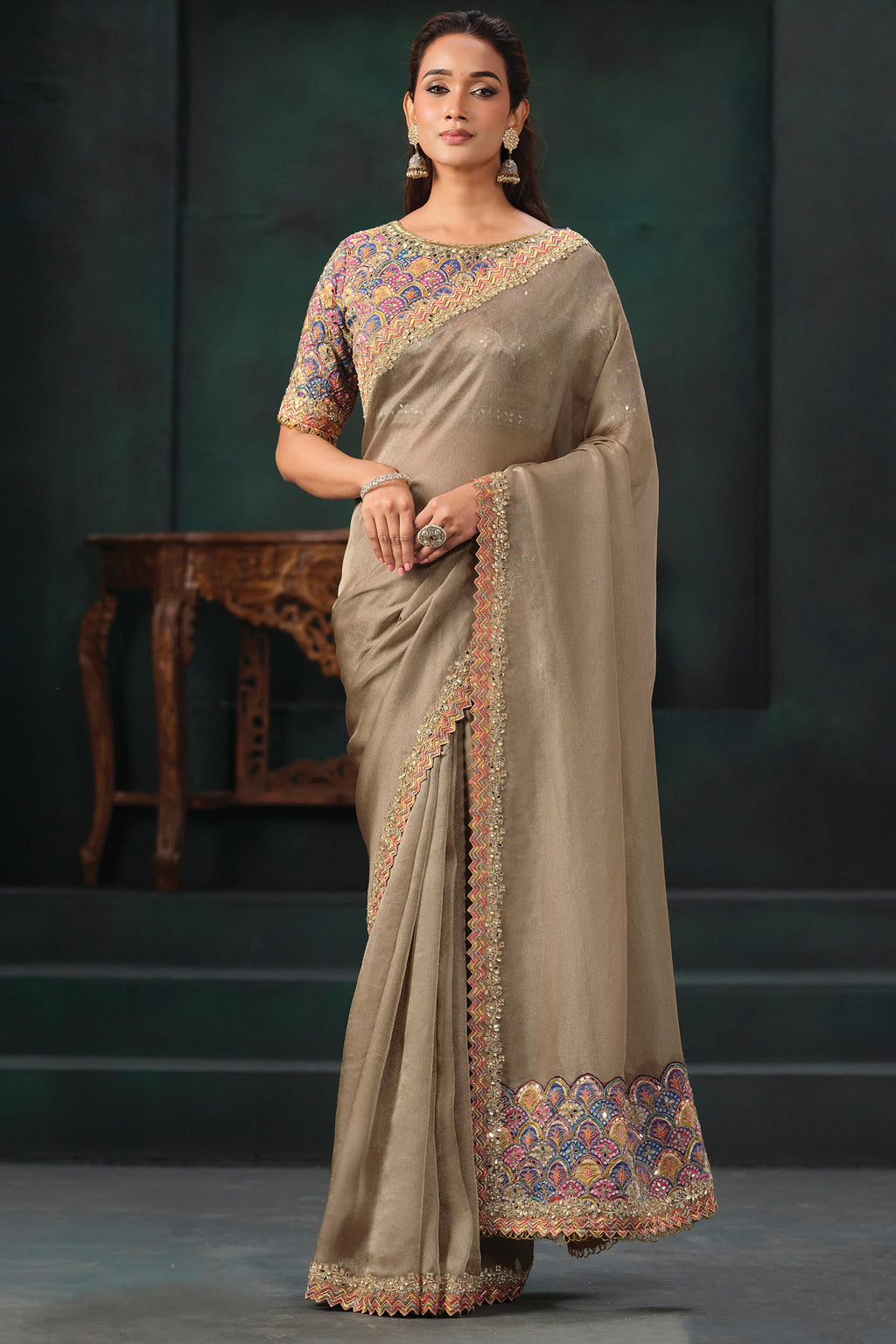 Beige Jute Tissue Silk Saree with Embroidery and Mirror