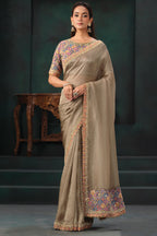 Beige Jute Tissue Silk Saree with Embroidery and Mirror