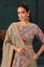 Beige Jute Tissue Silk Saree with Embroidery and Mirror