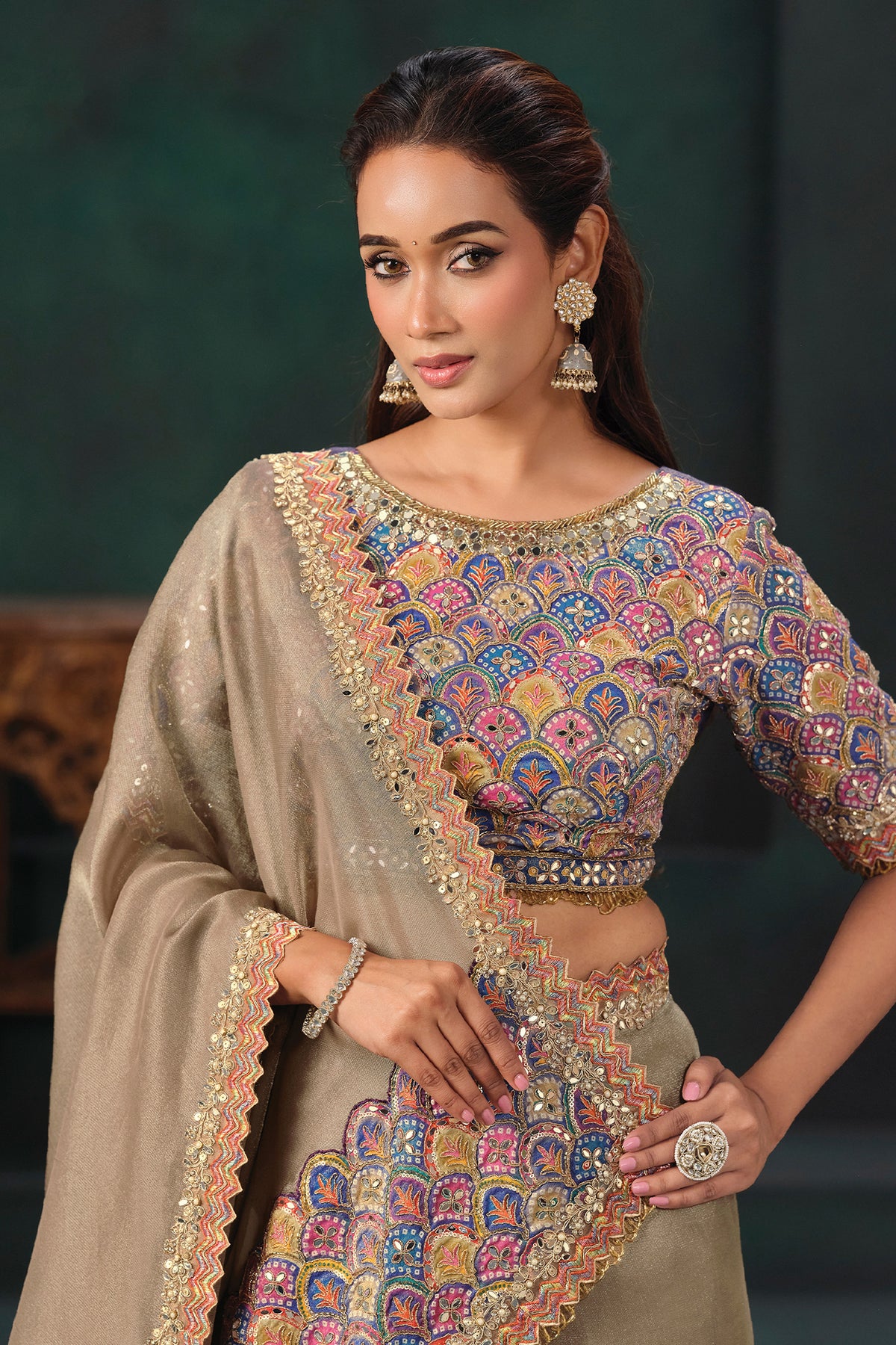 Beige Jute Tissue Silk Saree with Embroidery and Mirror