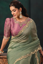 Pista Green Organza Satin Saree with Scallop Embroidery