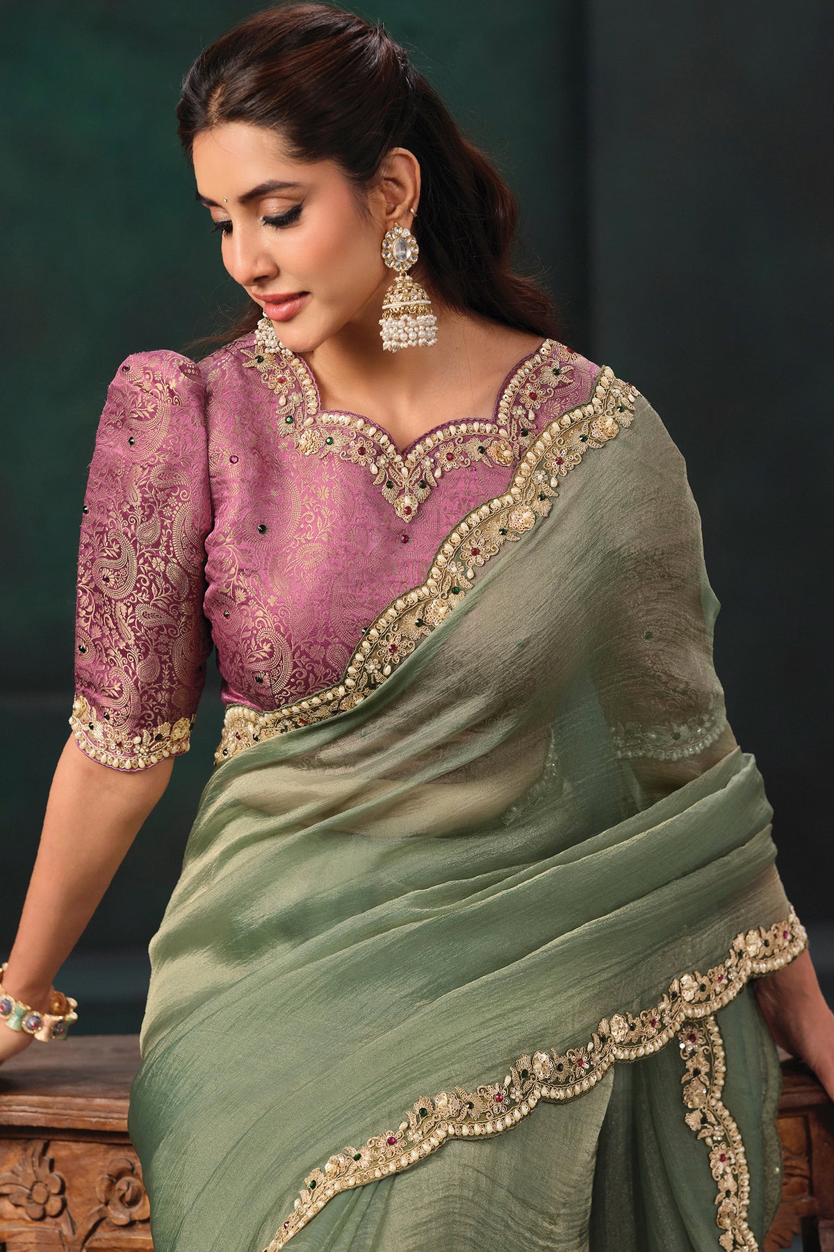 Pista Green Organza Satin Saree with Scallop Embroidery