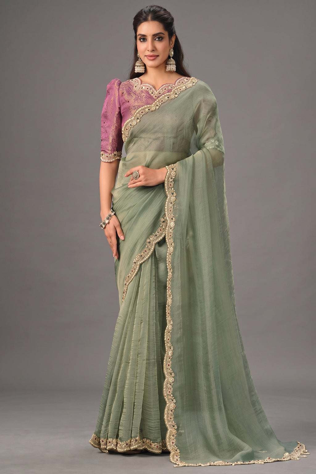 Pista Green Organza Satin Saree with Scallop Embroidery