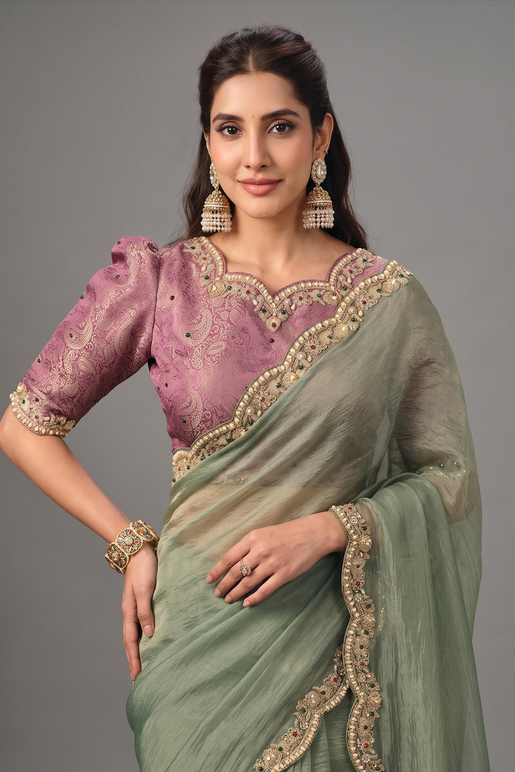 Pista Green Organza Satin Saree with Scallop Embroidery