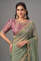 Pista Green Organza Satin Saree with Scallop Embroidery