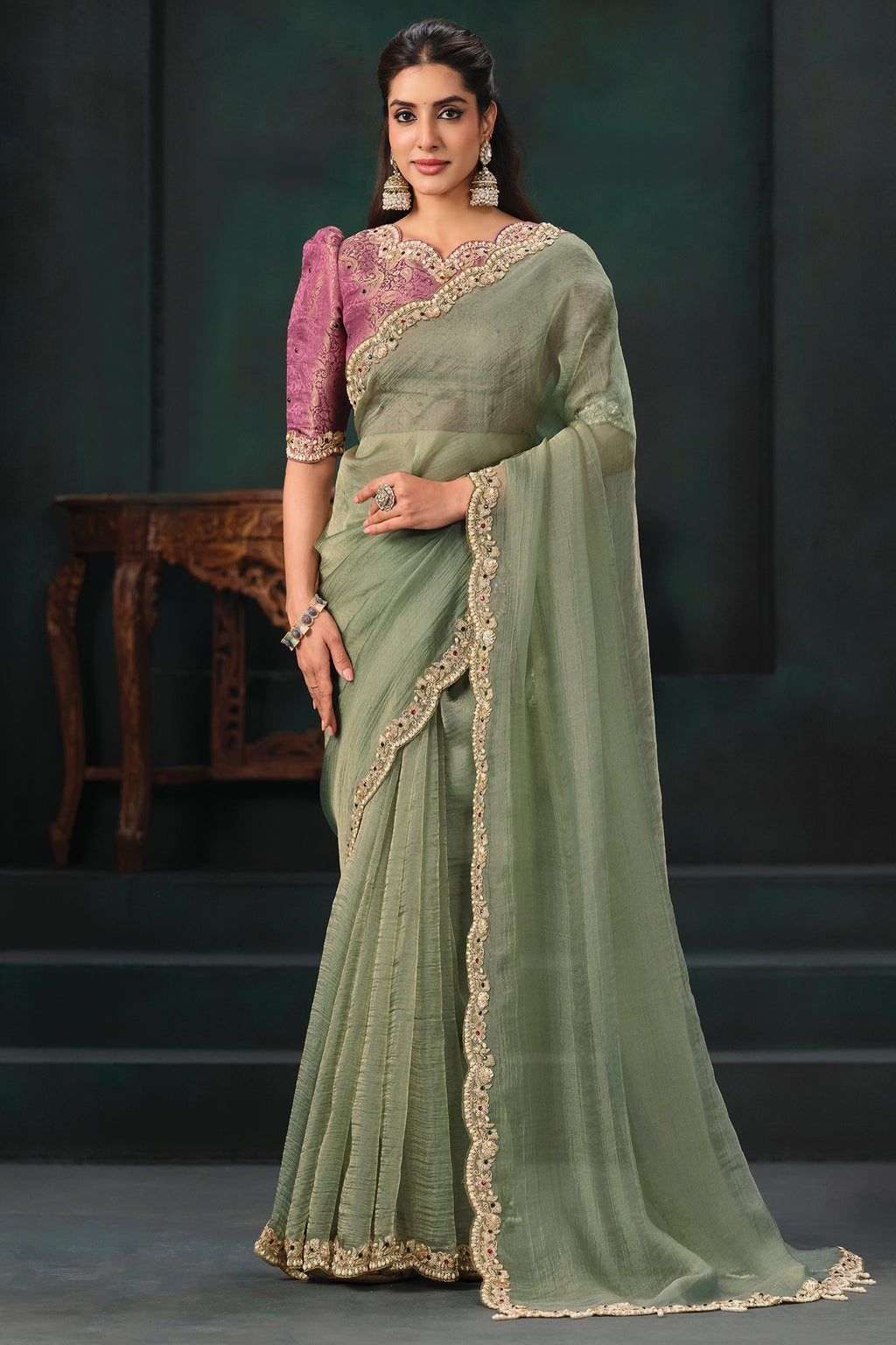 Pista Green Organza Satin Saree with Scallop Embroidery