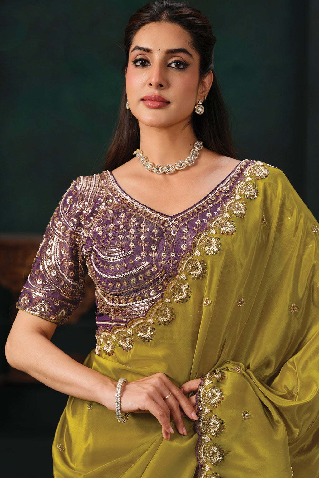 Olive Green Crepe Satin Saree with Sparkling Beaded Work