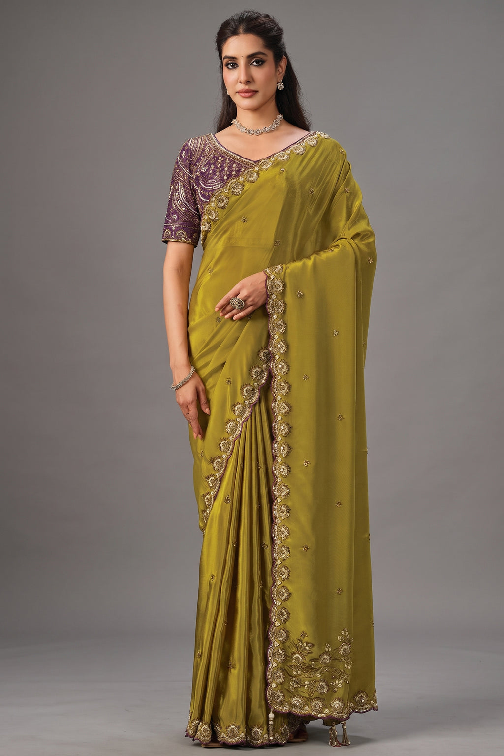 Olive Green Crepe Satin Saree with Sparkling Beaded Work