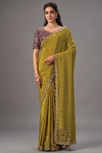 Olive Green Crepe Satin Saree with Sparkling Beaded Work