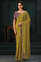 Olive Green Crepe Satin Saree with Sparkling Beaded Work