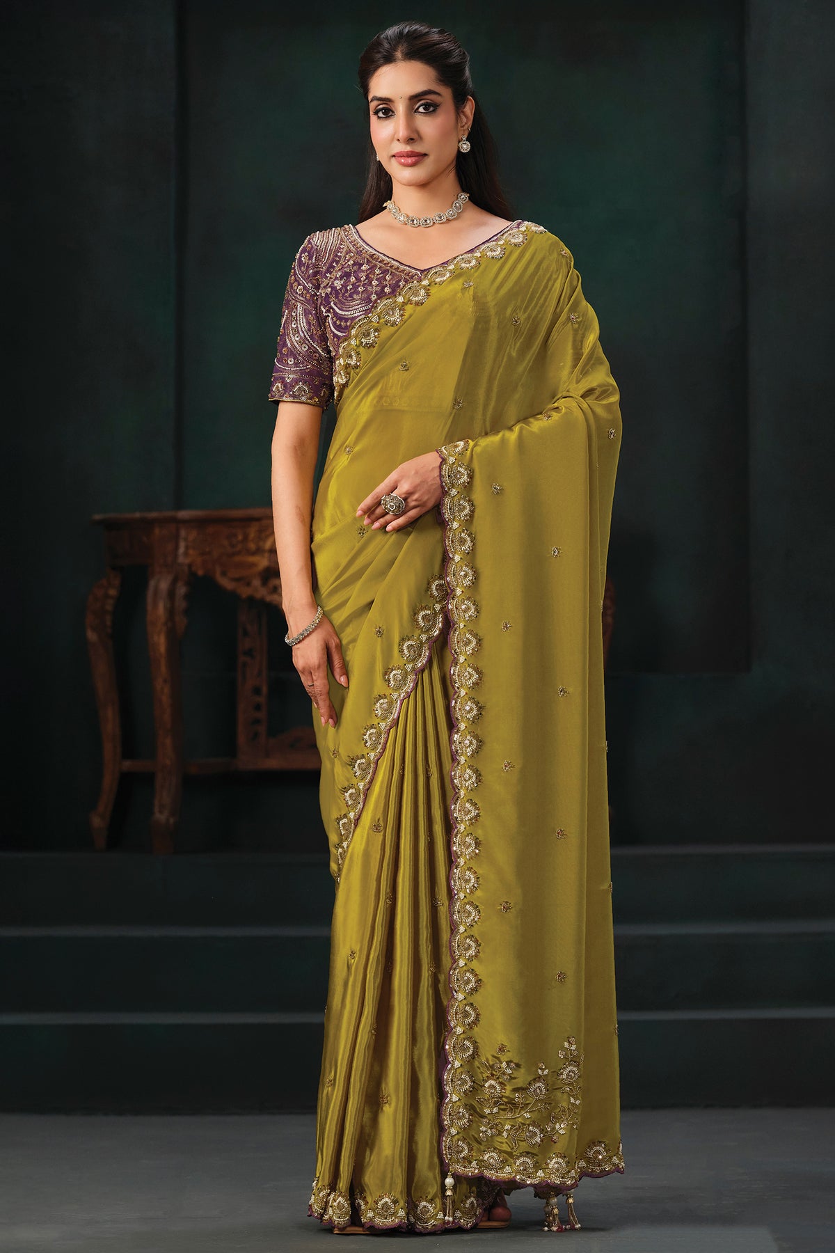 Olive Green Crepe Satin Saree with Sparkling Beaded Work