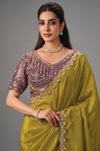 Olive Green Crepe Satin Saree with Sparkling Beaded Work