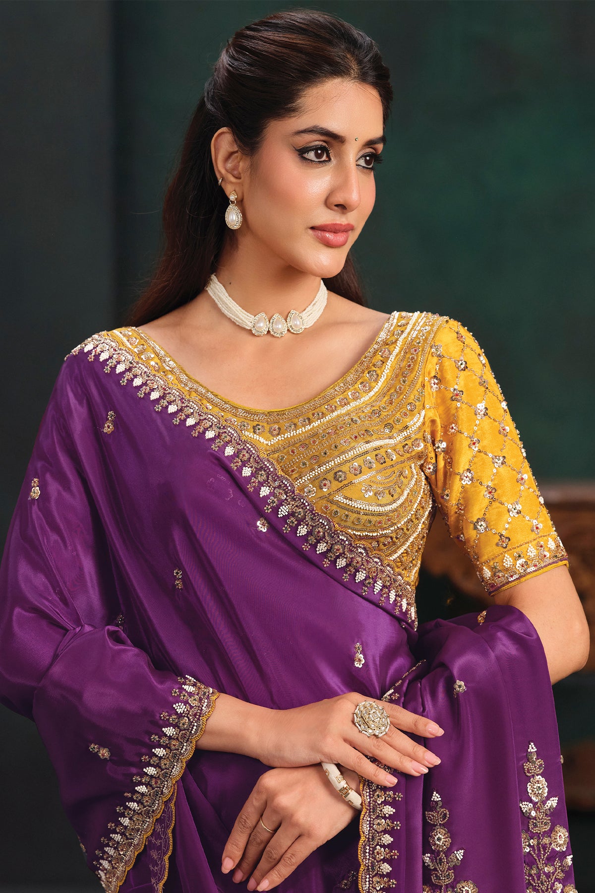 Deep Purple Pure Crepe Satin Saree with Handwork