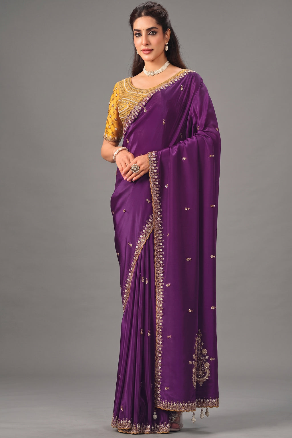 Deep Purple Pure Crepe Satin Saree with Handwork