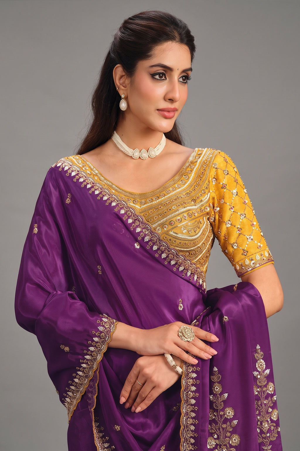 Deep Purple Pure Crepe Satin Saree with Handwork