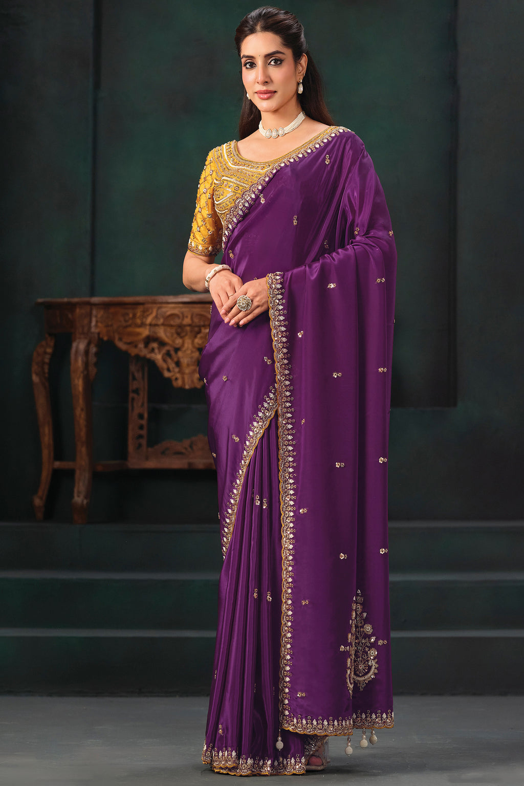 Deep Purple Pure Crepe Satin Saree with Handwork