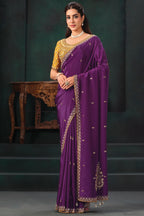 Deep Purple Pure Crepe Satin Saree with Handwork