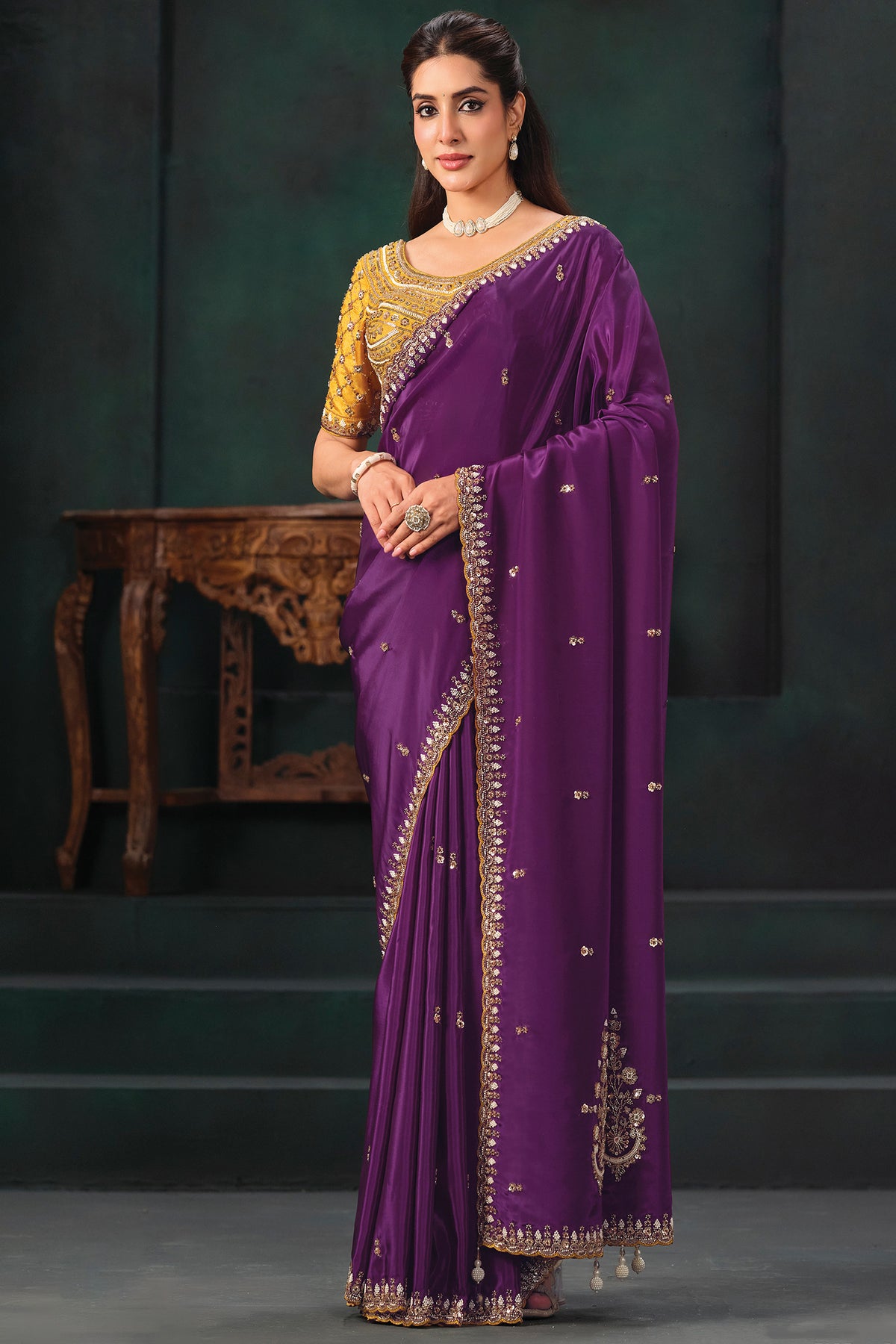 Deep Purple Pure Crepe Satin Saree with Handwork