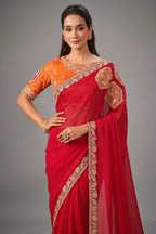 Crimson Red Lustrous Satin Silk Saree with Sequin Embroidery