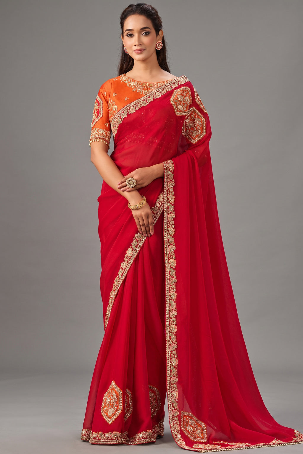 Crimson Red Lustrous Satin Silk Saree with Sequin Embroidery