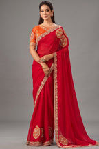 Crimson Red Lustrous Satin Silk Saree with Sequin Embroidery