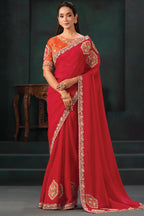 Crimson Red Lustrous Satin Silk Saree with Sequin Embroidery