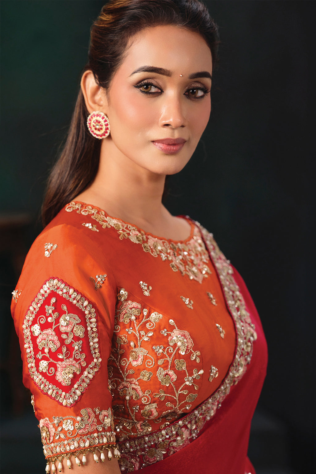 Crimson Red Lustrous Satin Silk Saree with Sequin Embroidery