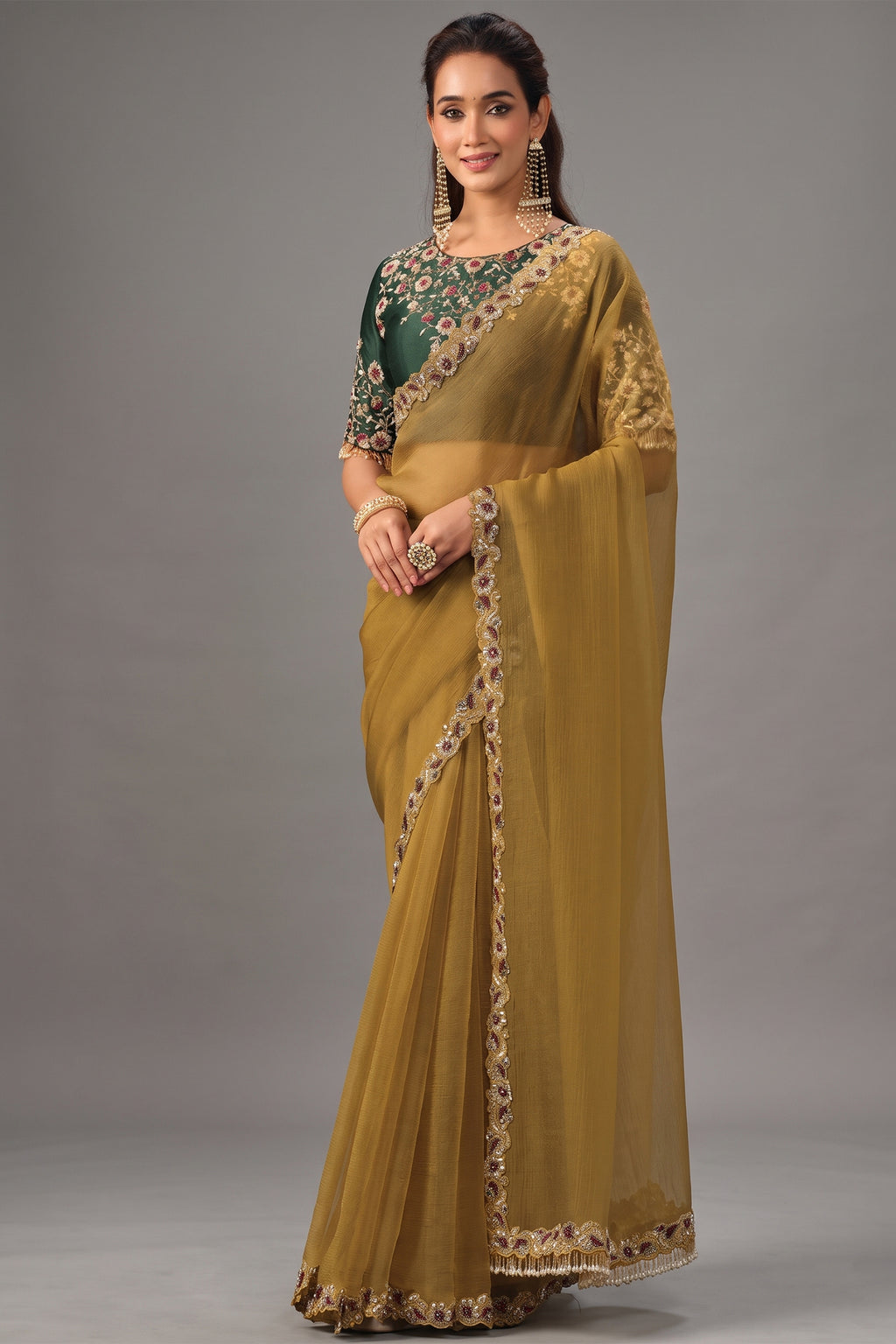 Mustard Gold Zari Organza Satin Saree with Sequin Thread Embroidery