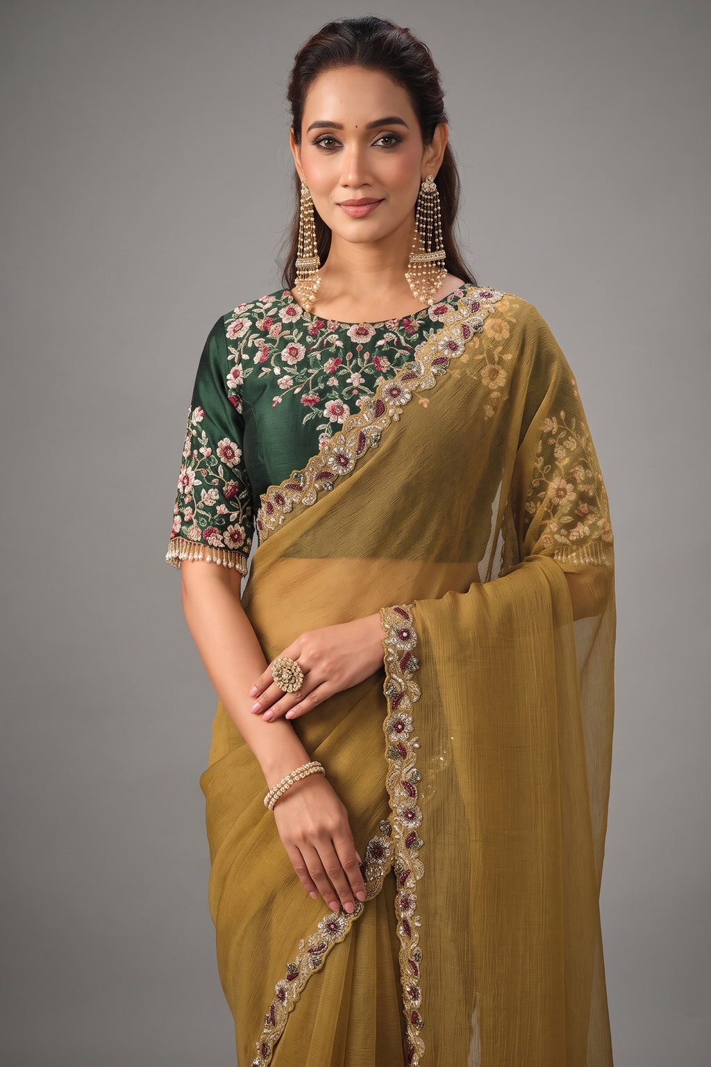 Mustard Gold Zari Organza Satin Saree with Sequin Thread Embroidery