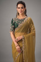 Mustard Gold Zari Organza Satin Saree with Sequin Thread Embroidery