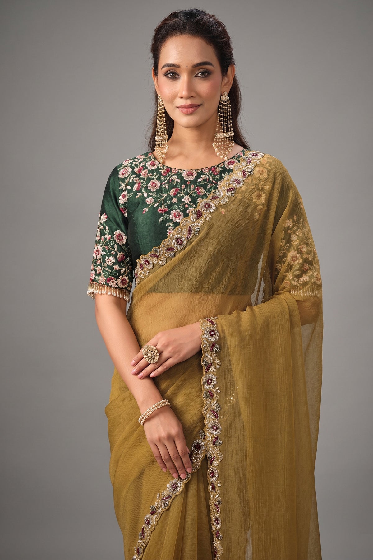 Mustard Gold Zari Organza Satin Saree with Sequin Thread Embroidery