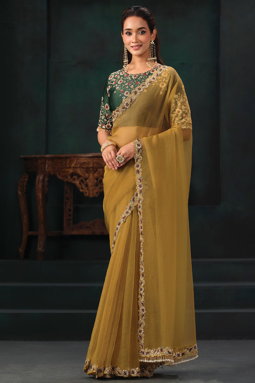 Mustard Gold Zari Organza Satin Saree with Sequin Thread Embroidery