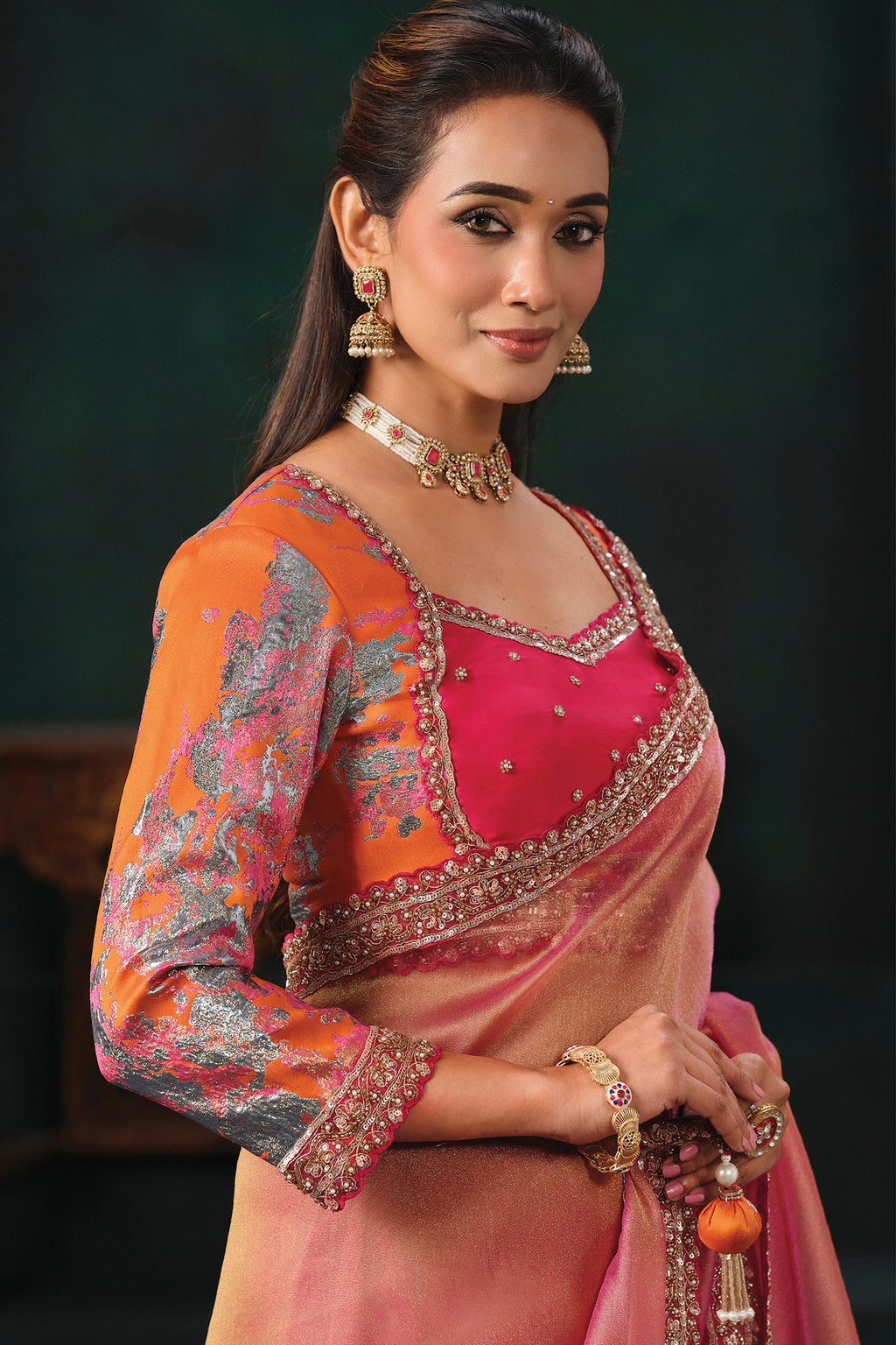 Pink Organza Satin Saree with Sequin & Cutdana Handwork